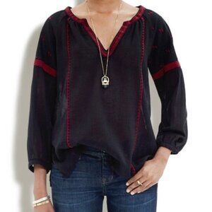 Madewell Black and Red Embroidered Lightstitch Boho Peasant Top, Medium